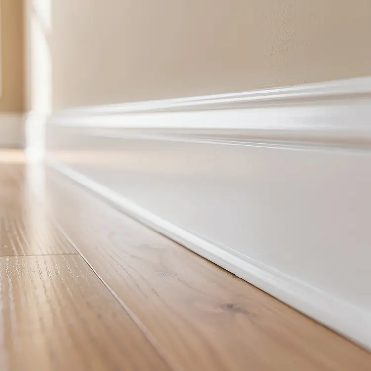 Freshly Painted White Baseboard Trim on Hardwood Floor