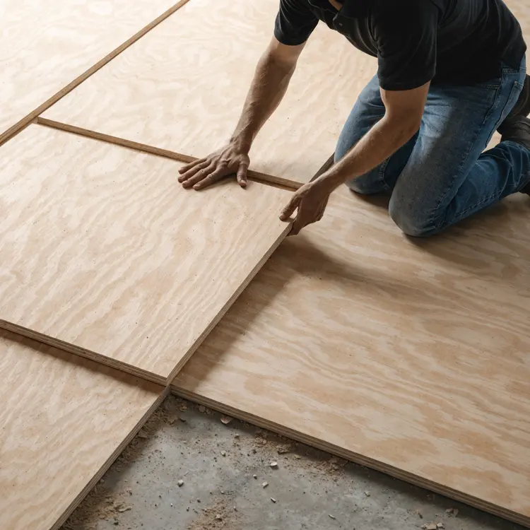 Contractor Installing Plywood Subfloor Panels