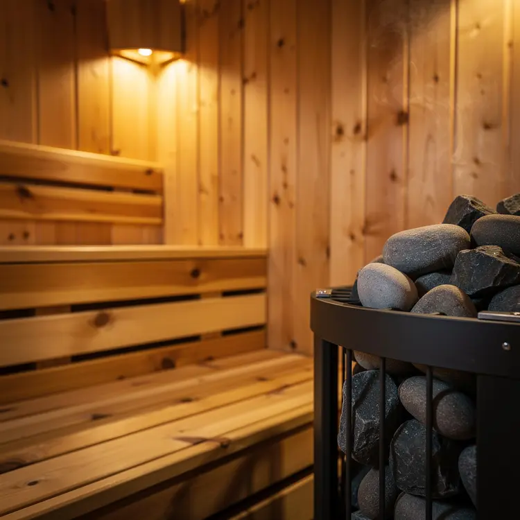 Traditional Cedar Sauna Interior with Stone Heater