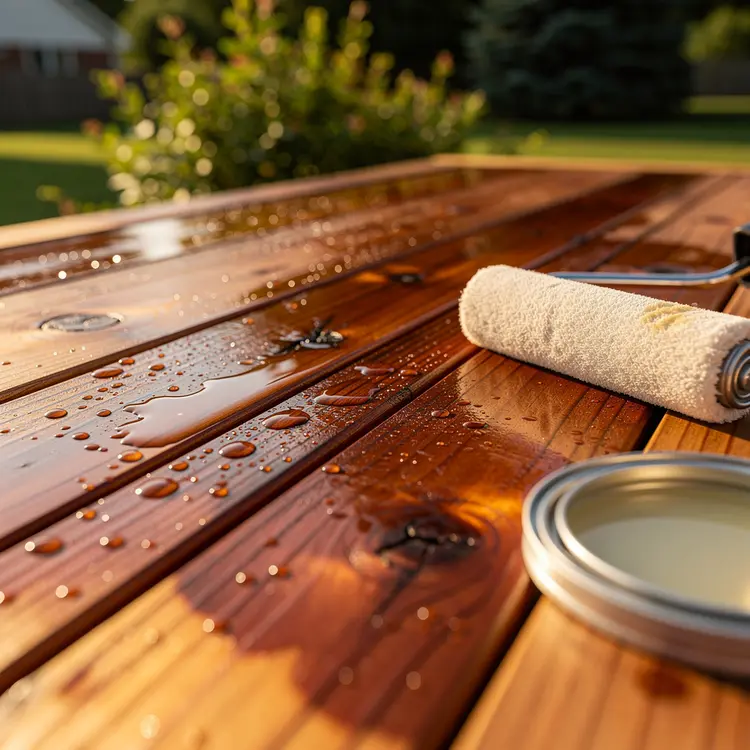 Freshly Waterproofed Wooden Deck with Sealant Roller