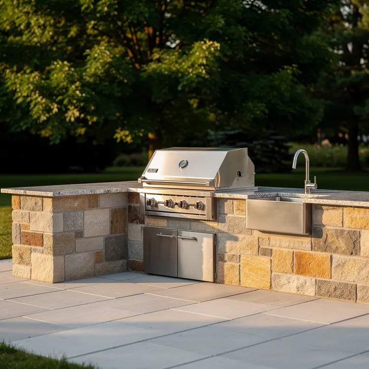 Custom Outdoor Kitchen with Stone Base and Built-In Grill