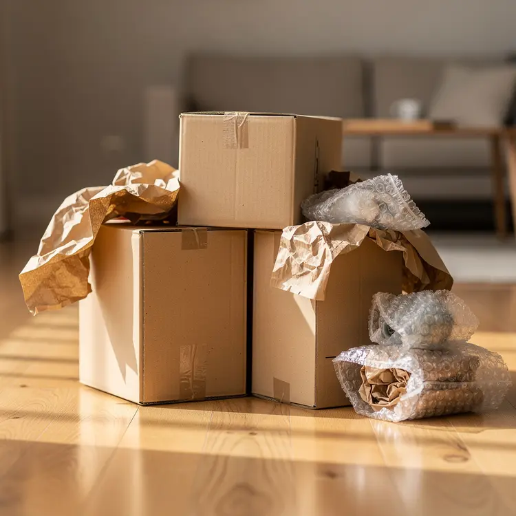 Moving Boxes with Packing Materials on Hardwood Floor