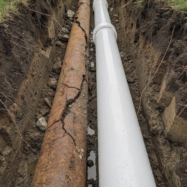 Old Clay Sewer Pipe vs. New PVC Replacement in Excavated Trench