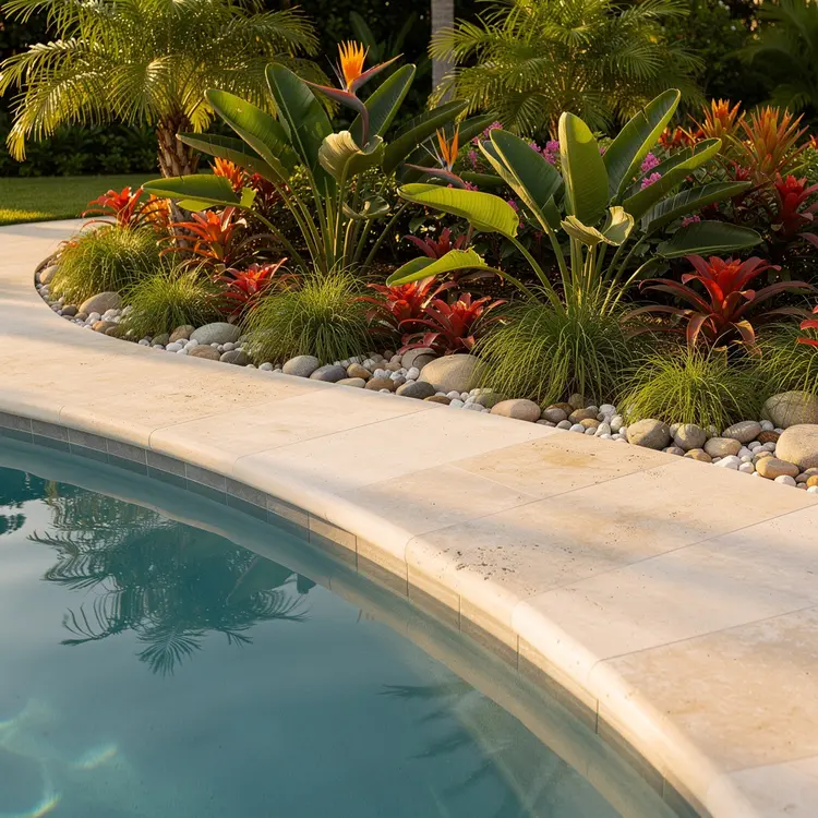 Tropical Poolside Travertine Deck with Lush Landscaping