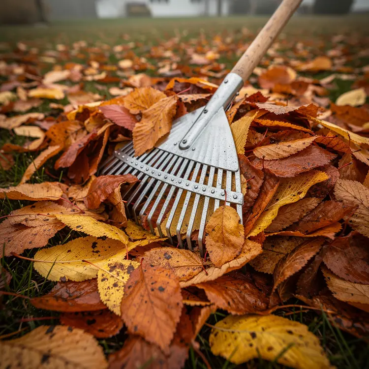 Autumn Leaf Raking on Residential Lawn
