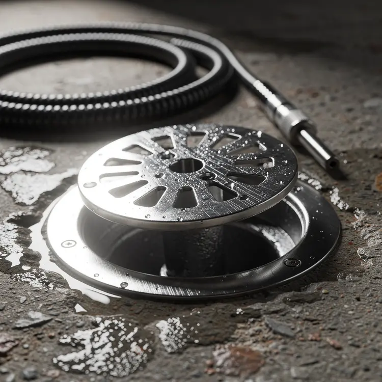 Chrome Floor Drain with Drain Snake on Wet Concrete