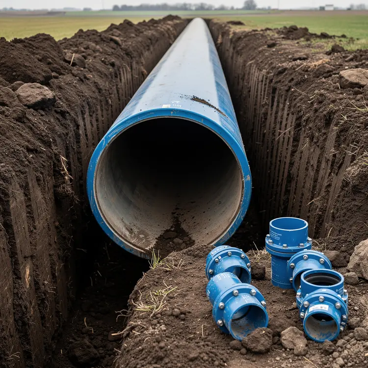 Water Main Pipe Installation in Excavated Trench