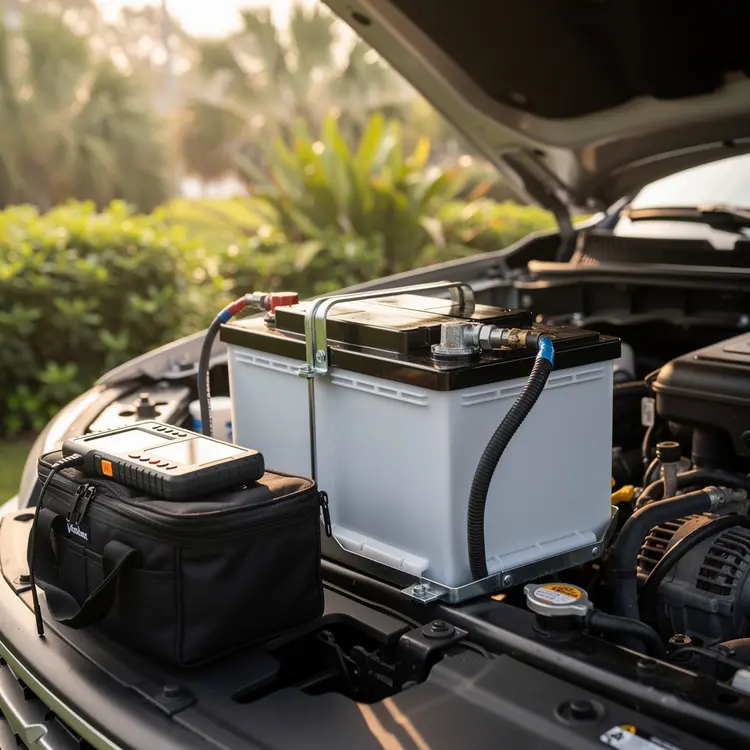 Automotive Battery Installation in Engine Bay