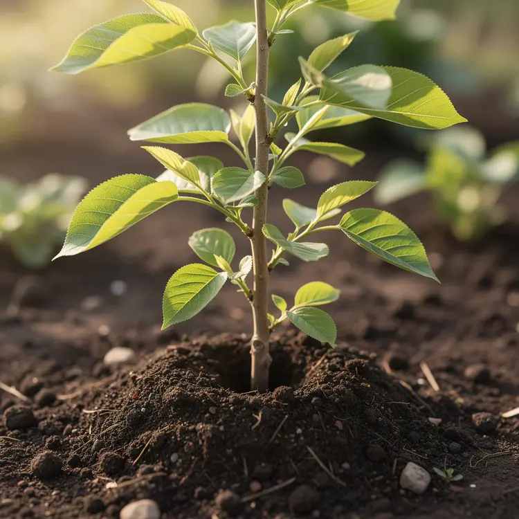Young Sapling Freshly Planted in Garden Soil