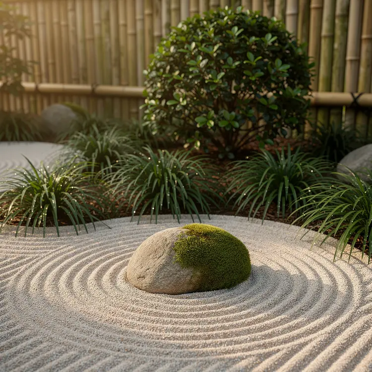 Japanese Zen Garden with Raked Gravel and Moss Stone