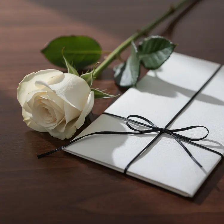 White Rose and Black-Ribbon Document on Dark Wood