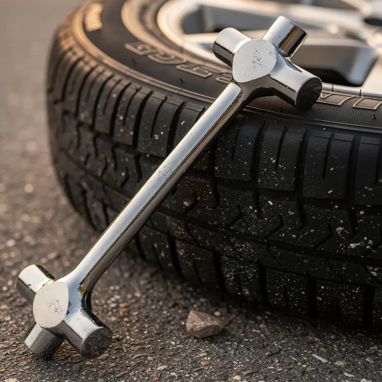 Lug Wrench on Car Tire