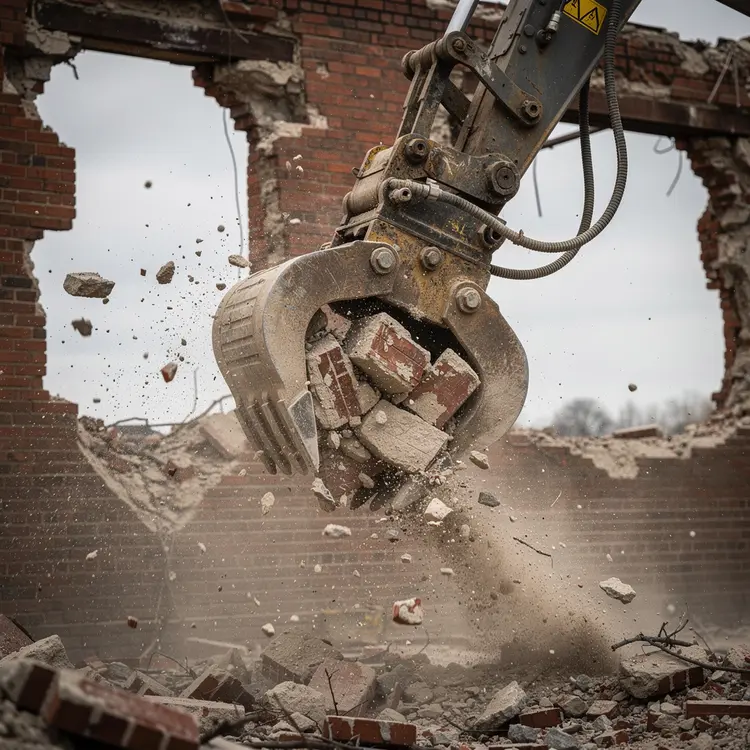 Excavator Demolition Claw Crushing Brick Wall