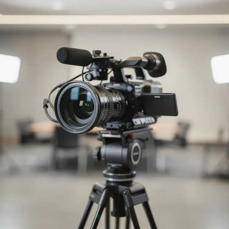 Professional Broadcast Camera on Tripod in Studio