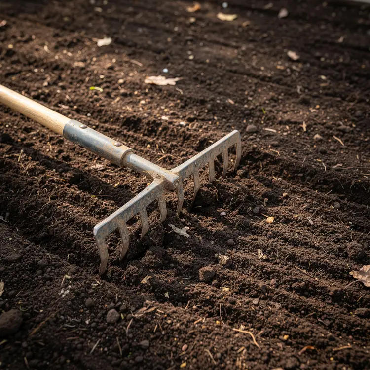 Garden Rake on Freshly Tilled Soil