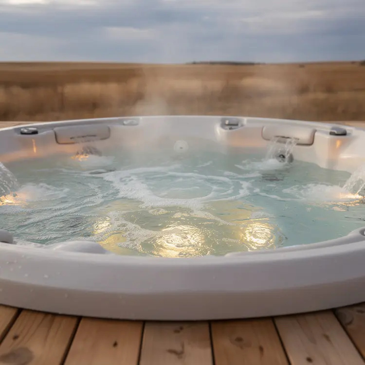 Steaming Round Hot Tub on Prairie Deck