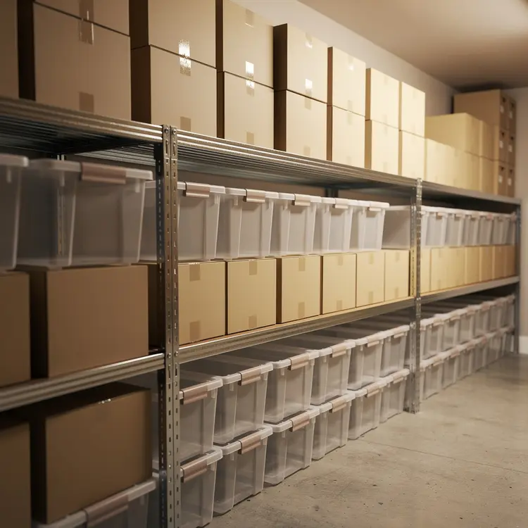Organized Storage Room with Shelving and Boxes