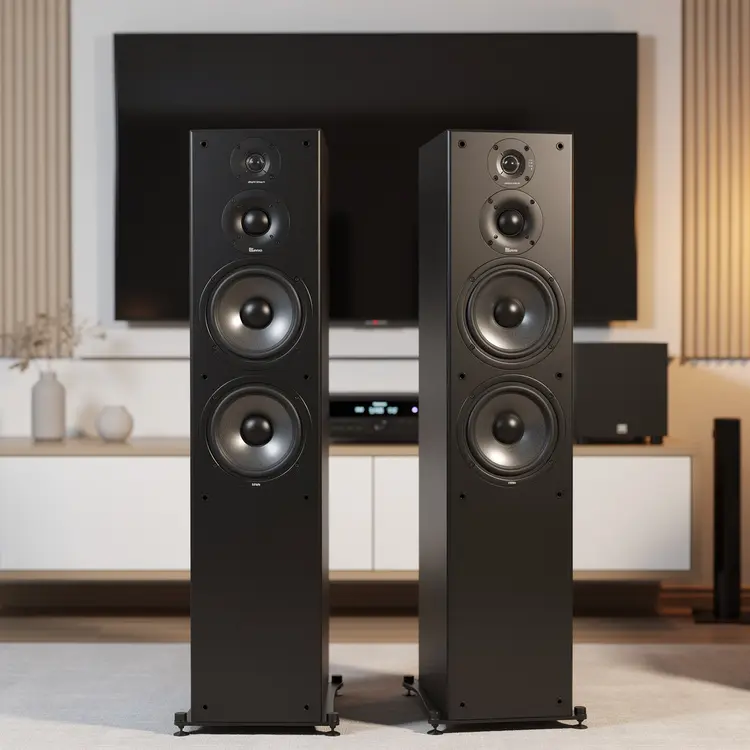 Tower Floor-Standing Speakers in Home Theater Setup