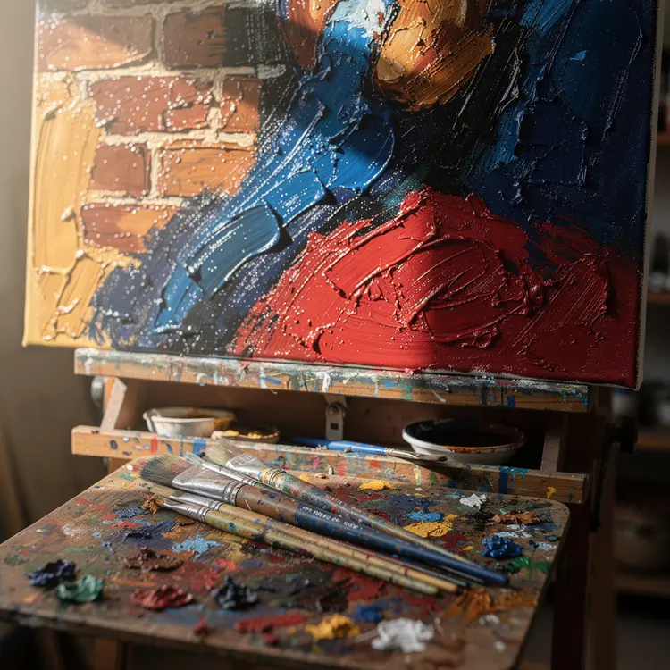 Artist's Easel with Textured Acrylic Painting in Progress