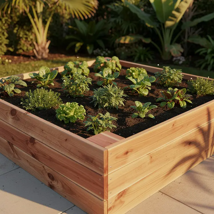 Cedar Raised Garden Bed with Vegetable Seedlings