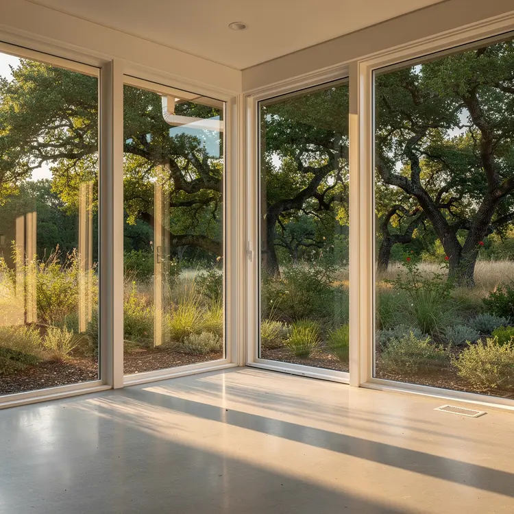 Sunlit Sunroom with Floor-to-Ceiling Glass and Texas Oak View