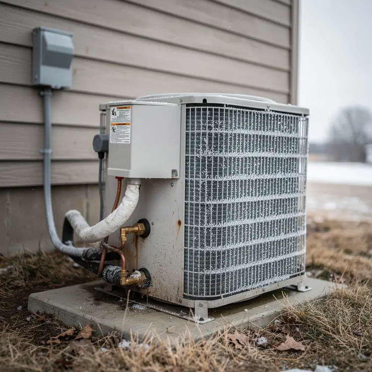 Residential Heat Pump Outdoor Condenser Unit in Winter