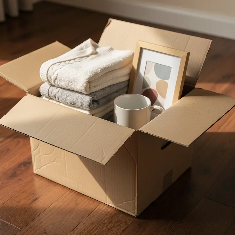 Open Moving Box with Household Items on Hardwood Floor
