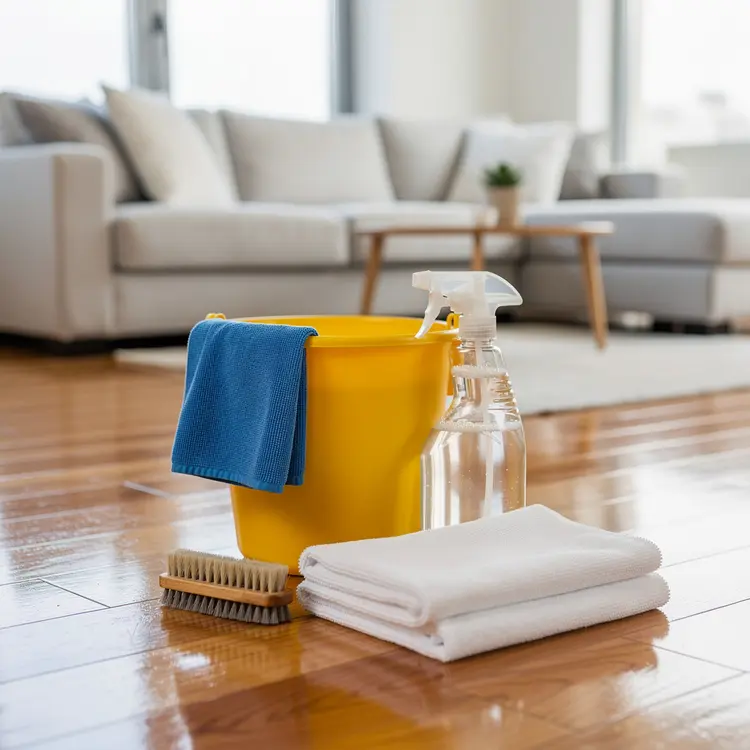 Home Cleaning Supplies on Hardwood Floor
