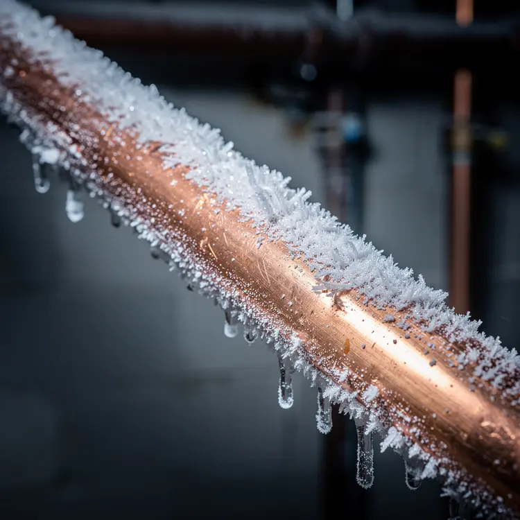 Frozen Copper Pipe with Ice Crystals