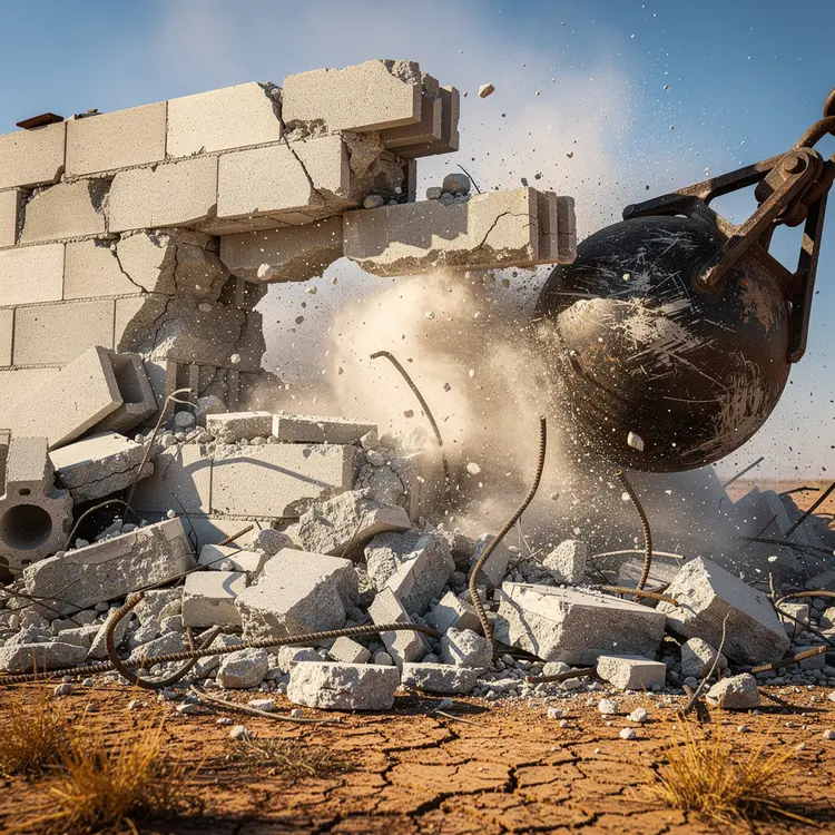 Wrecking Ball Demolition of Concrete Block Wall