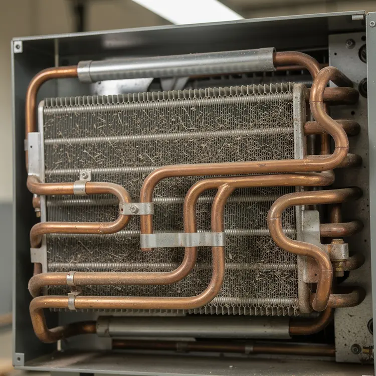 Dirty HVAC Evaporator Coil with Copper Refrigerant Lines