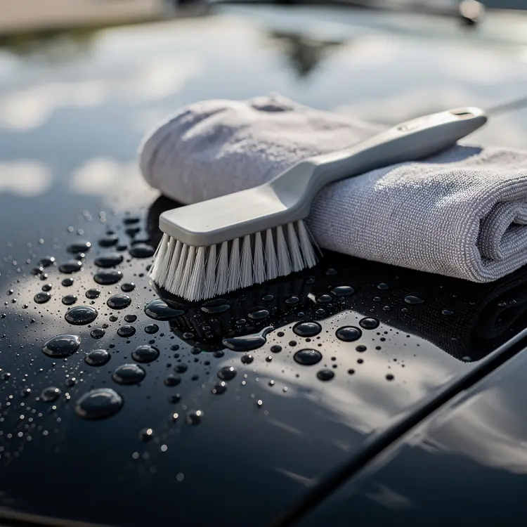Car Detailing Tools on Polished Black Hood