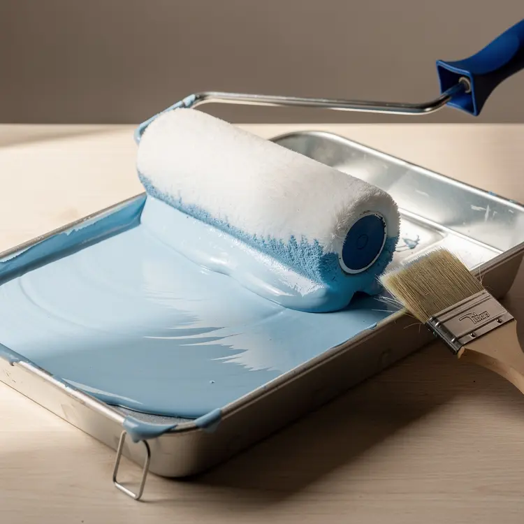 Paint Roller and Brush in Blue Paint Tray