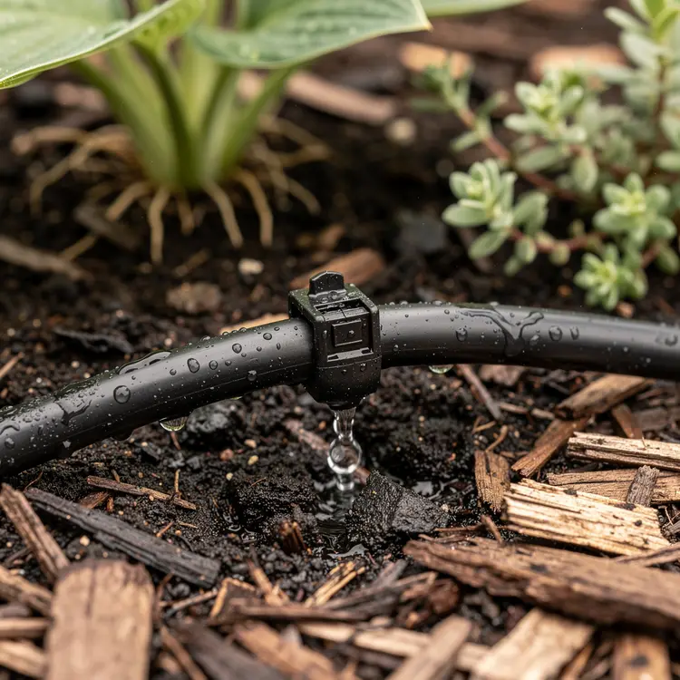 Drip Irrigation Emitter in Garden Bed