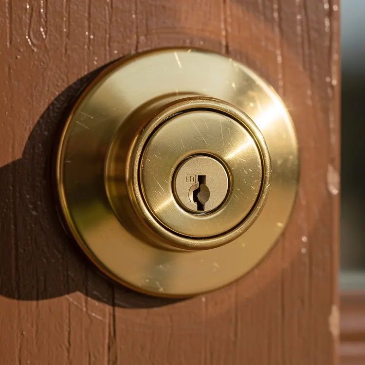 Brass Deadbolt Lock on Wood Door