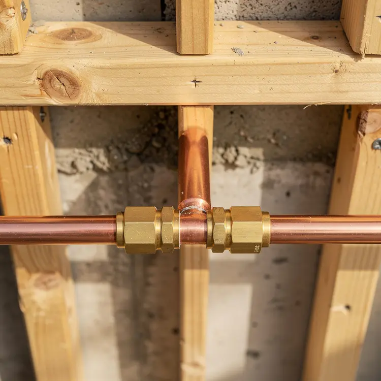 Copper Pipe with Brass Compression Fittings in Wall Framing