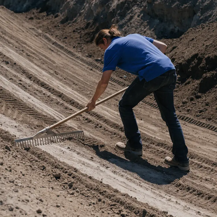Worker Raking and Grading a Sandy Slope