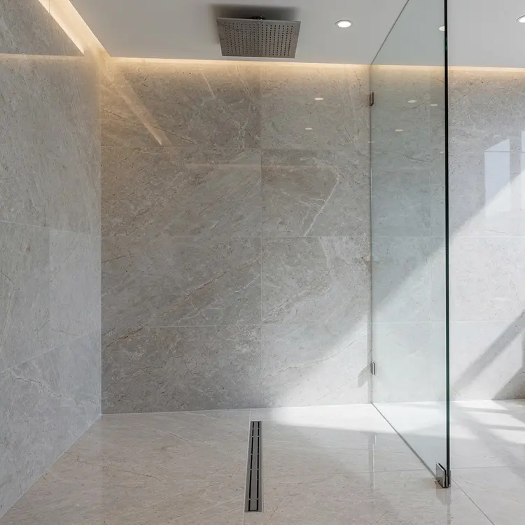 Modern Walk-In Shower with Rainfall Head and Stone Tile
