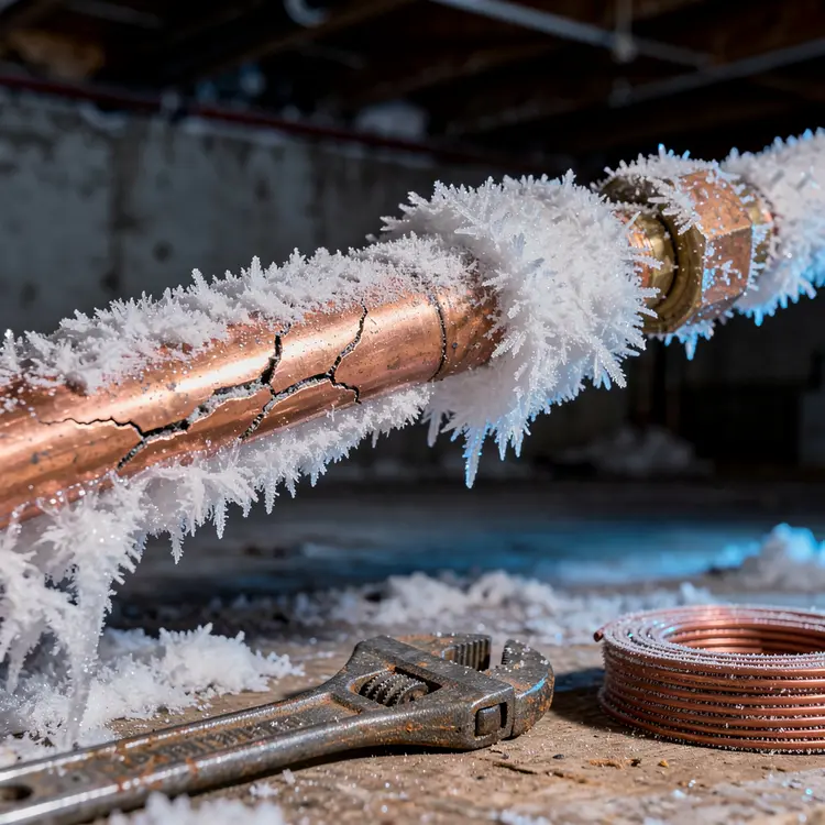 Frozen and Cracked Copper Pipe in Basement