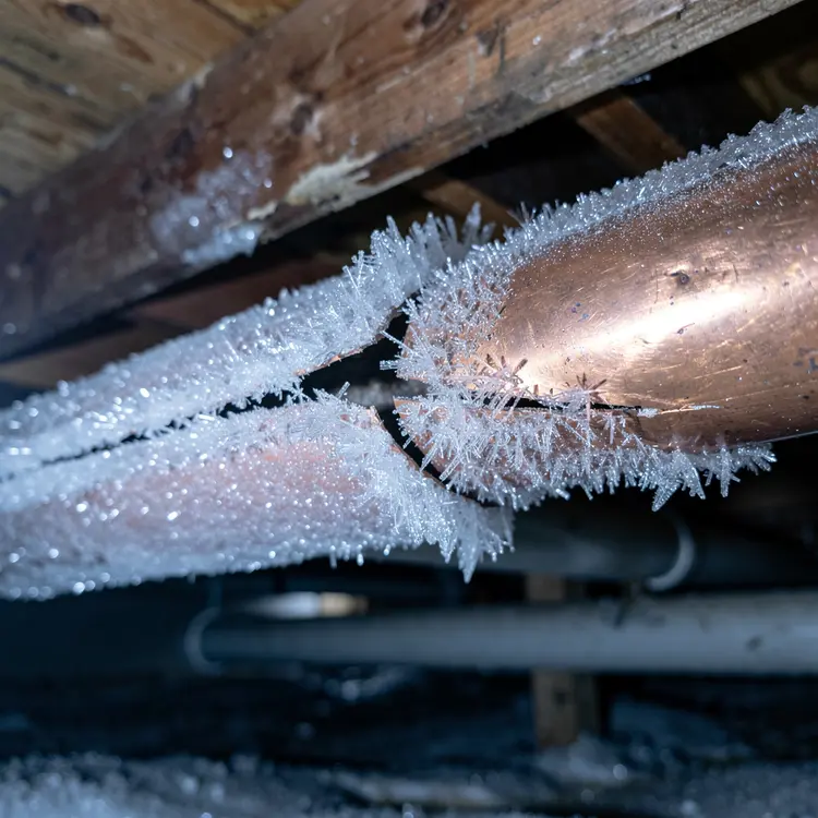 Burst Frozen Copper Pipe in Crawl Space