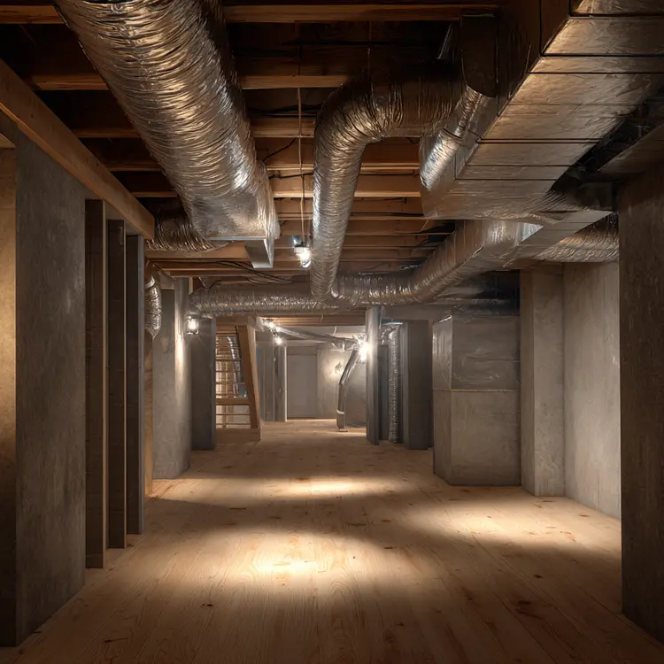 Unfinished Basement with HVAC Ductwork