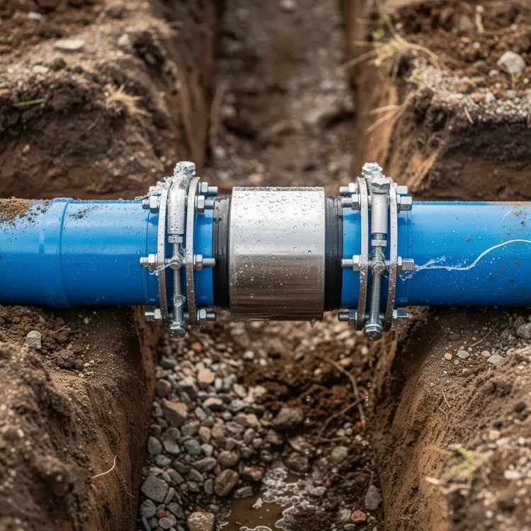 Underground Water Main Pipe Repair with Coupling Clamp