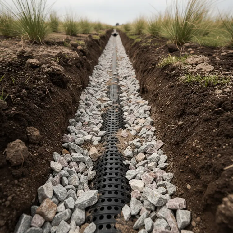 French Drain Installation in Prairie Landscape