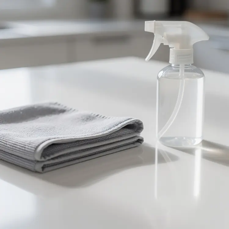 Clean Kitchen Countertop with Microfiber Cloth and Spray Bottle