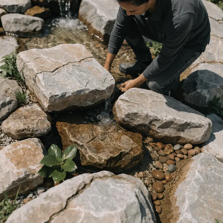 Outdoor Water Feature Installation with Natural Boulders