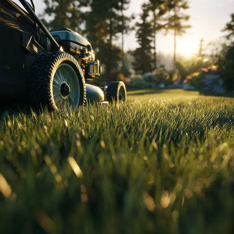 Lawn Mower on Green Grass at Sunset
