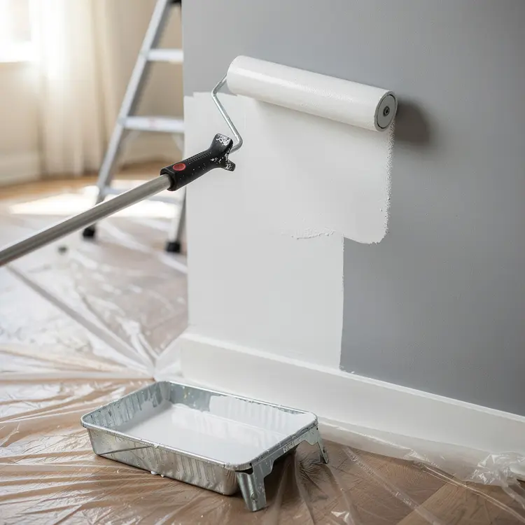 Interior Wall Painting with Roller and Tray