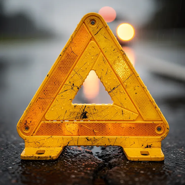 Yellow Roadside Emergency Triangle Reflector on Wet Asphalt