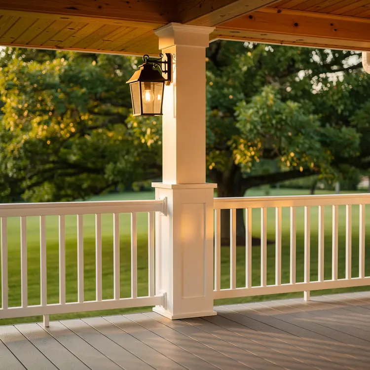 Covered Front Porch with White Railings and Lantern