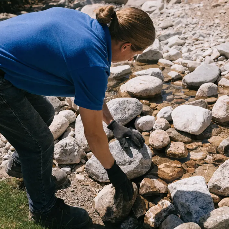 Worker Placing Rocks Along Streambed